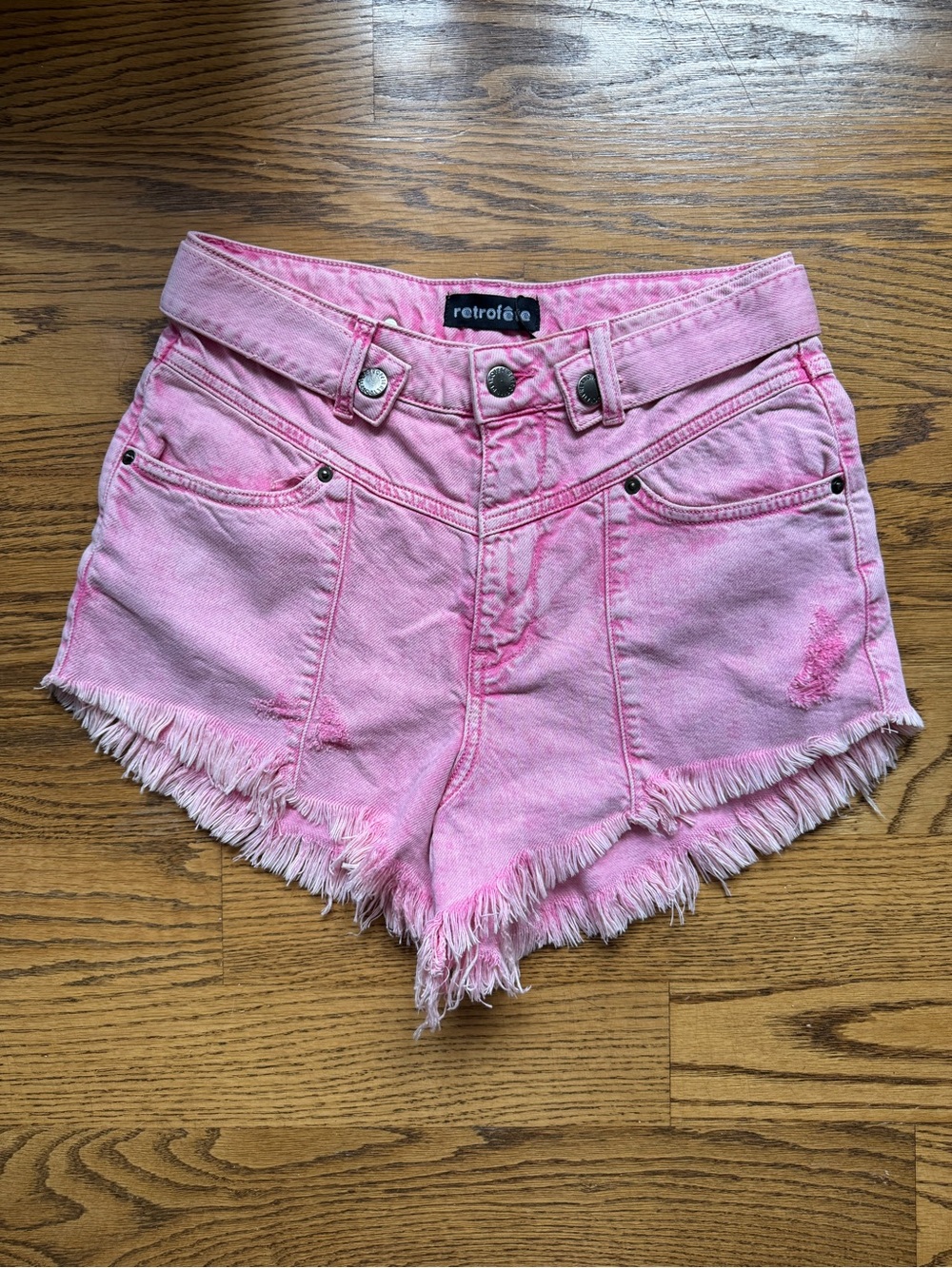 Retrofete Pink High-Rise Frayed Hem Denim Shorts